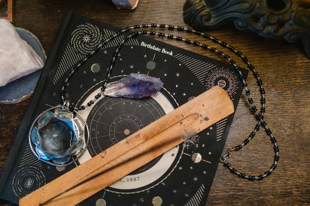 services-img Astrology-themed flat lay featuring a birthdate book, crystals, and necklace on a wooden surface.